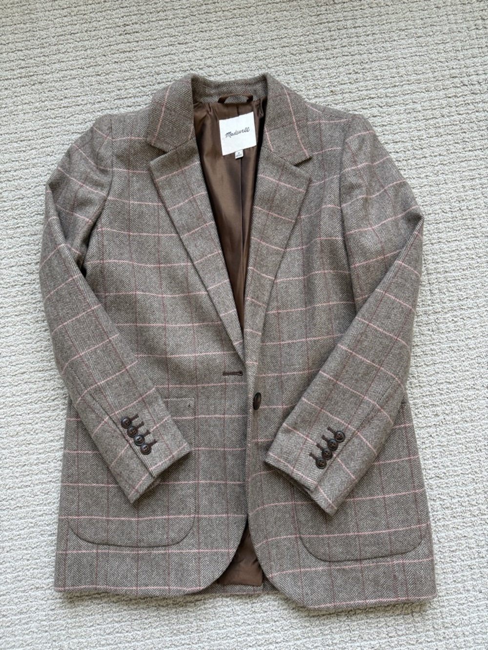 Madewell Taupe-Brown Blazer with Pink Windowpane Size M